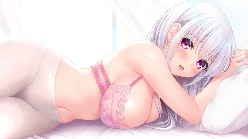 1girl backlighting bed_sheet blush bra breasts commentary irori_(irorixc) large_breasts long_hair looking_at_viewer lying navel on_bed on_side open_mouth original panties panties_under_pantyhose pantyhose pillow pink_bra pink_eyes smile solo underwear underwear_only white_hair white_pantyhose window