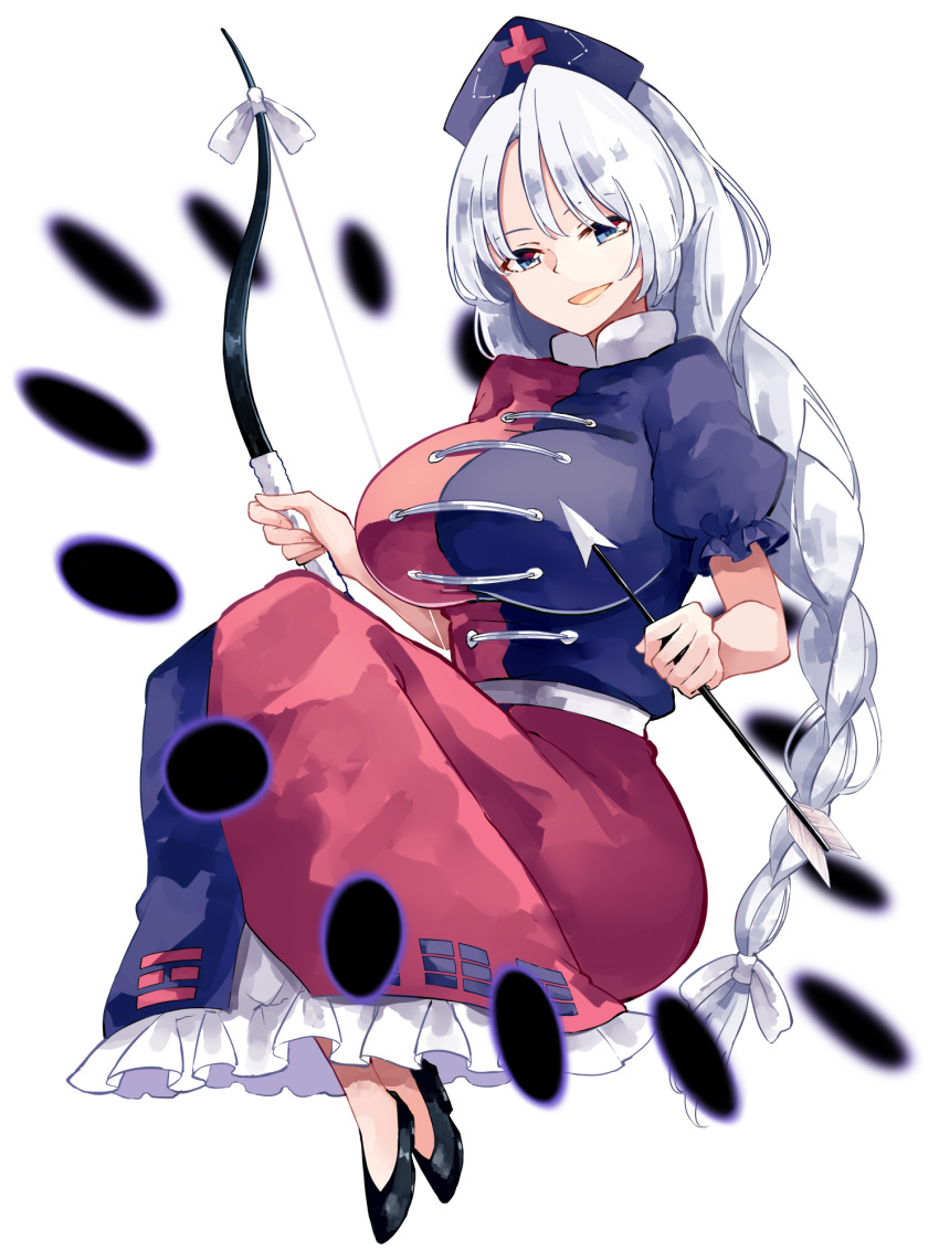 1girl arrow_(projectile) black_footwear blue_dress blue_eyes blue_headwear bow_(weapon) braid breasts cross danmaku deetamu dress frilled_sleeves frills full_body hat highres holding holding_arrow holding_bow_(weapon) holding_weapon huge_breasts long_hair nurse_cap red_cross red_dress shoes short_sleeves simple_background single_braid solo touhou very_long_hair weapon white_background white_hair yagokoro_eirin