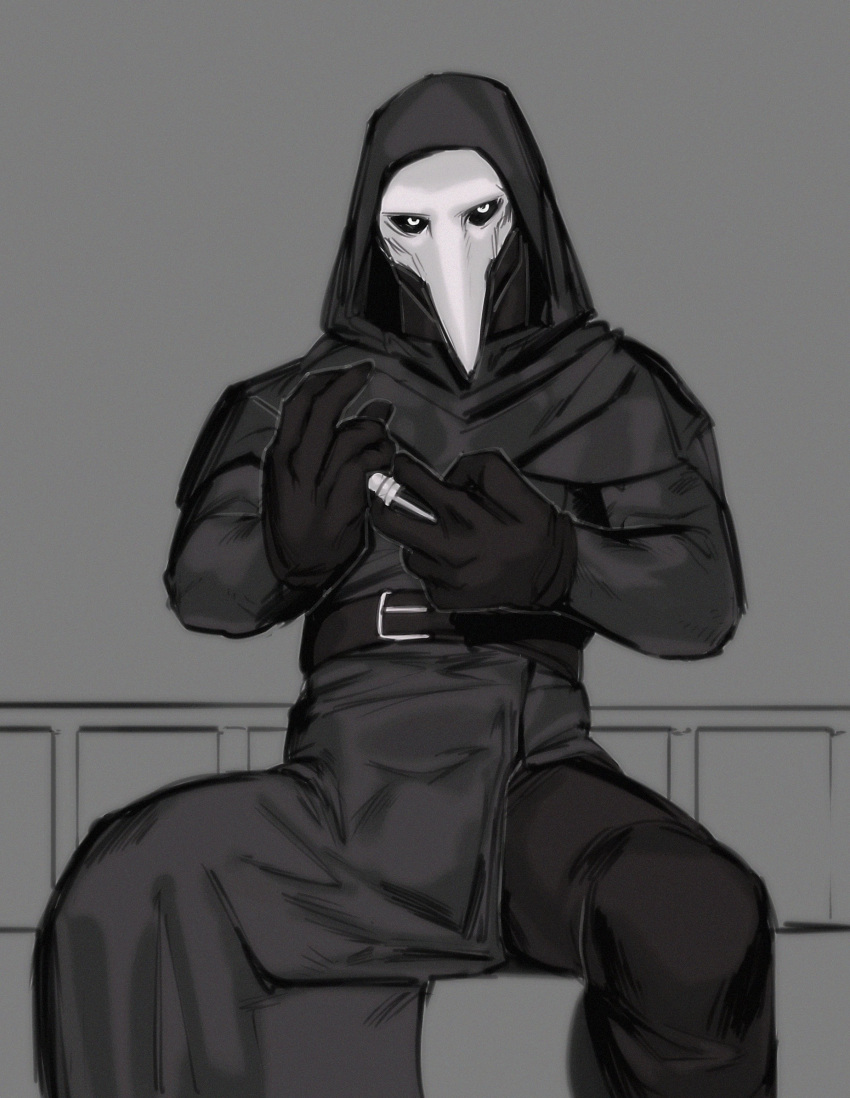 2023 absurd_res animal_mask beak_mask belt clothed clothing euclid gloves handwear hi_res holding_object holding_syringe hood humanoid kogito looking_at_viewer male mask not_furry plague_doctor scp-049 scp_foundation sitting solo syringe white_eyes