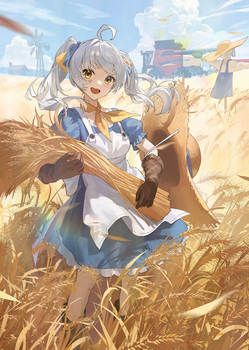 1girl :d ahoge apron blue_dress brown_gloves cloud day dress farm field gloves hat hat_removed headwear_removed highres looking_at_viewer neck_ribbon open_mouth original outdoors ribbon scarecrow sky smile solo standing straw_hat tractor ttk_(kirinottk) twintails wheat wheat_field white_apron white_hair windmill yellow_eyes yellow_ribbon