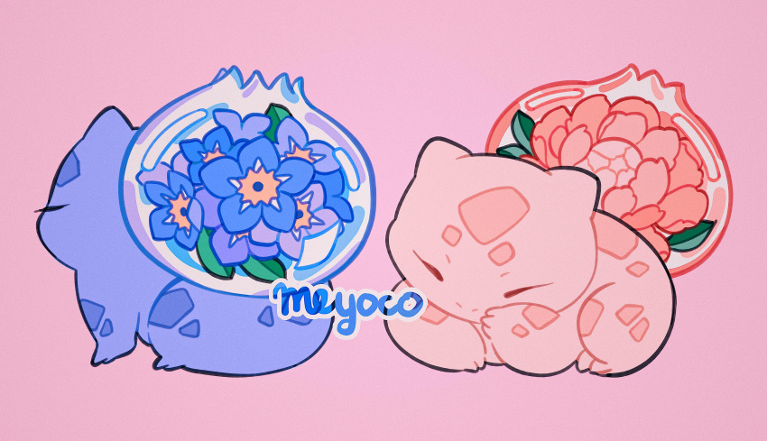 absurdres alternate_color artist_name blue_flower bulbasaur closed_eyes flower forget-me-not_(flower) highres leaf meyoco no_humans peony_(flower) pink_background pink_flower pokemon pokemon_(creature) simple_background