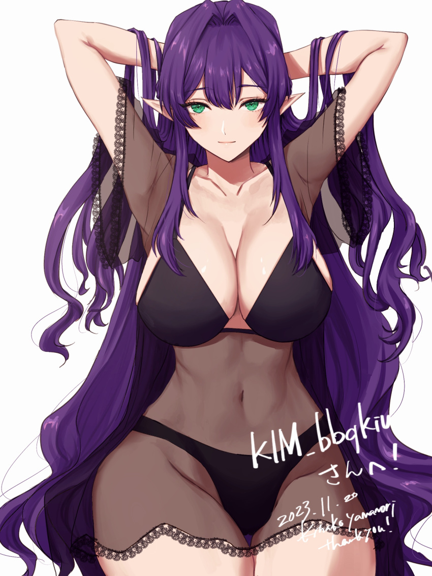 1girl artist_name black_bra black_panties bra breasts cleavage closed_mouth commentary_request cowboy_shot dated elf green_eyes hand_in_own_hair heart heart-shaped_pupils highres lace-trimmed_sleeves lace_trim large_breasts long_hair looking_at_viewer navel original panties pointy_ears purple_hair see-through short_sleeves simple_background smile solo symbol-shaped_pupils thigh_gap underwear underwear_only very_long_hair white_background yamamori_kinako