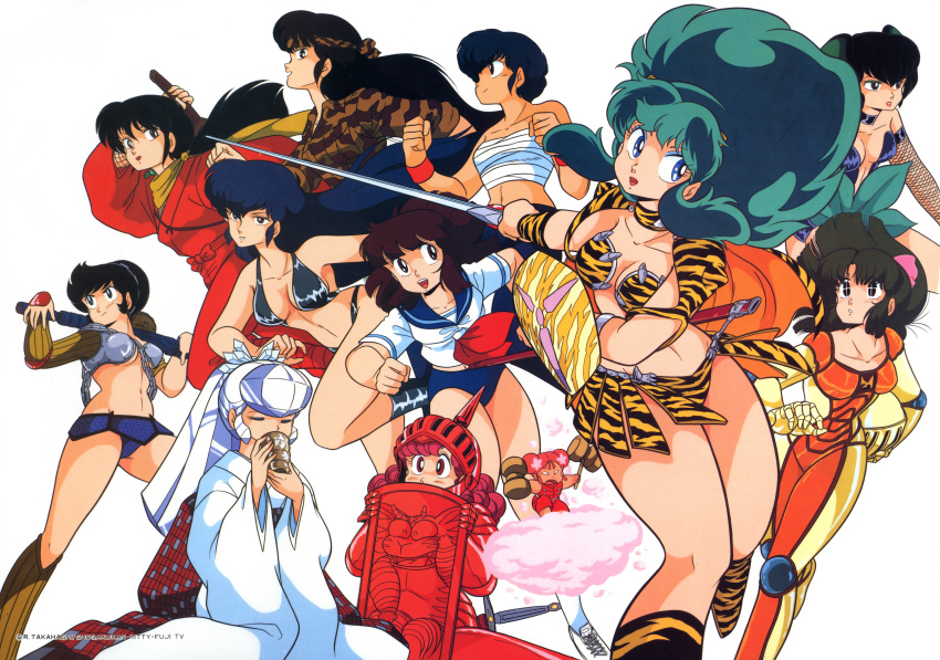 6+girls absurdres animal_print arm_shield armor artist_request benten_(urusei_yatsura) bikini bikini_armor blue_buruma blue_eyes blue_eyeshadow blue_hair blue_sailor_collar blunt_bangs boots bow breasts brown_eyes brown_hair buruma camouflage camouflage_headwear camouflage_jacket chain checkered_sash chest_sarashi choker cleavage cup curly_hair dark_blue_hair double_bun drinking eyeshadow fishnet_gloves fishnets flower fujinami_ryuunosuke gloves green_hair hair_bow hair_bun hair_flower hair_ornament hair_wings hammer headband helmet highleg highleg_bikini highres holding holding_cup holding_hammer holding_helmet holding_shield holding_sword holding_weapon horns jacket japanese_clothes kaede_(urusei_yatsura) kimono kurama_(urusei_yatsura) leaf_fan low_ponytail lum makeup mendou_ryouko miyake_shinobu mizunokouji_asuka multiple_girls navel ninja non-web_source official_art on_cloud oni oni_horns oyuki_(urusei_yatsura) pauldrons pink_bow pink_eyes pink_hair ponytail ran_(urusei_yatsura) red_armor red_lips red_ribbon red_wristband rei_(urusei_yatsura) ribbon running sailor_collar sailor_shirt sakura_(urusei_yatsura) sarashi scabbard scarf sheath shield shirt shoes short_hair shoulder_armor shunmin_(urusei_yatsura) single_pauldron sling_bikini_top sneakers sparkling_eyes swimsuit sword teacup tiger_print urusei_yatsura weapon white_background white_hair white_kimono yellow_scarf