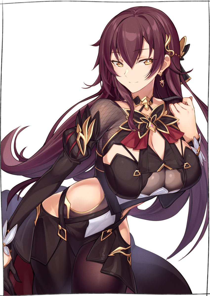 1girl absurdres bangs breasts brown_dress brown_hair cleavage cleavage_cutout closed_mouth clothing_cutout dress earrings eden_(honkai_impact) hair_ornament highres honkai_(series) honkai_impact_3rd jewelry kei_(soundcross) large_breasts long_hair long_sleeves looking_at_viewer simple_background smile solo white_background yellow_eyes