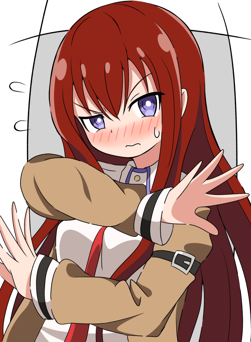 1girl 3: absurdres blush bright_pupils brown_hair brown_jacket chuunibyou closed_mouth collared_shirt commentary_request embarrassed flying_sweatdrops hair_between_eyes highres jacket long_hair long_sleeves looking_at_viewer makise_kurisu necktie nose_blush open_clothes open_jacket purple_eyes red_necktie shirt sidelocks silky_(silky_illust) simple_background solo steins;gate sweatdrop upper_body v-shaped_eyebrows very_long_hair white_background white_pupils white_shirt