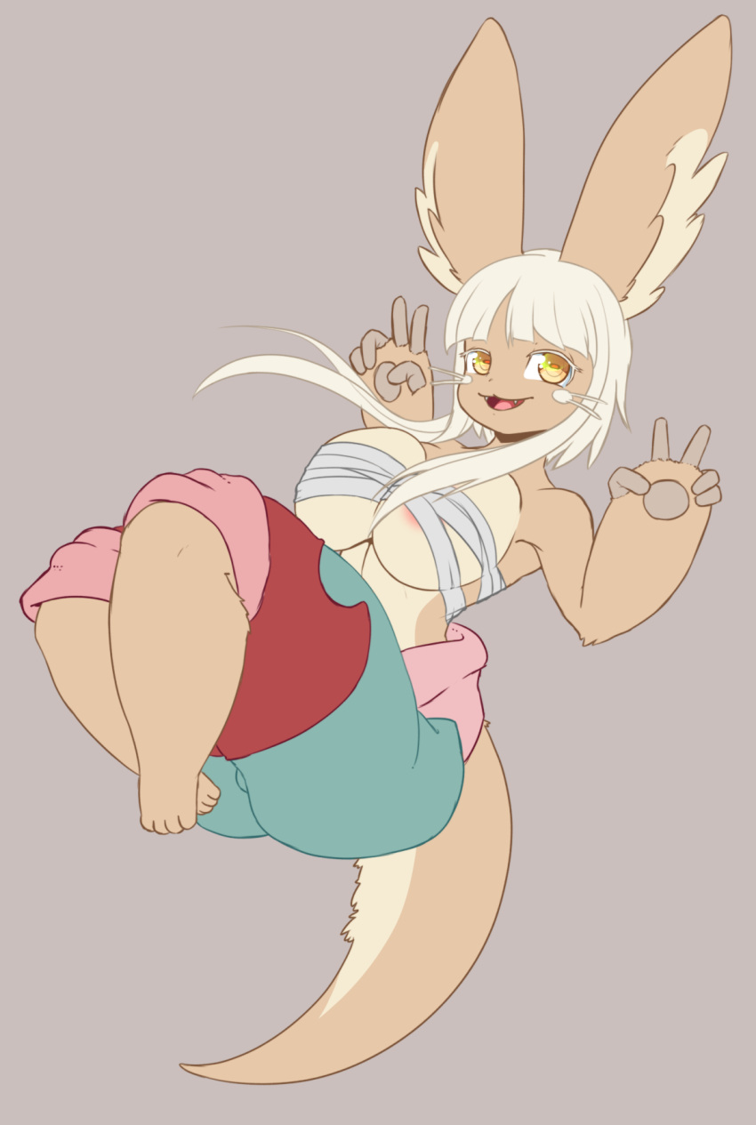 anthro areola areola_slip bandage bottomwear bound_top breasts clothing female fluffy_ears fur gesture hair hi_res honky_kat humanoid made_in_abyss mammal nanachi narehate nipples pants small_feet solo tail v_sign white_hair wrappings yellow_eyes