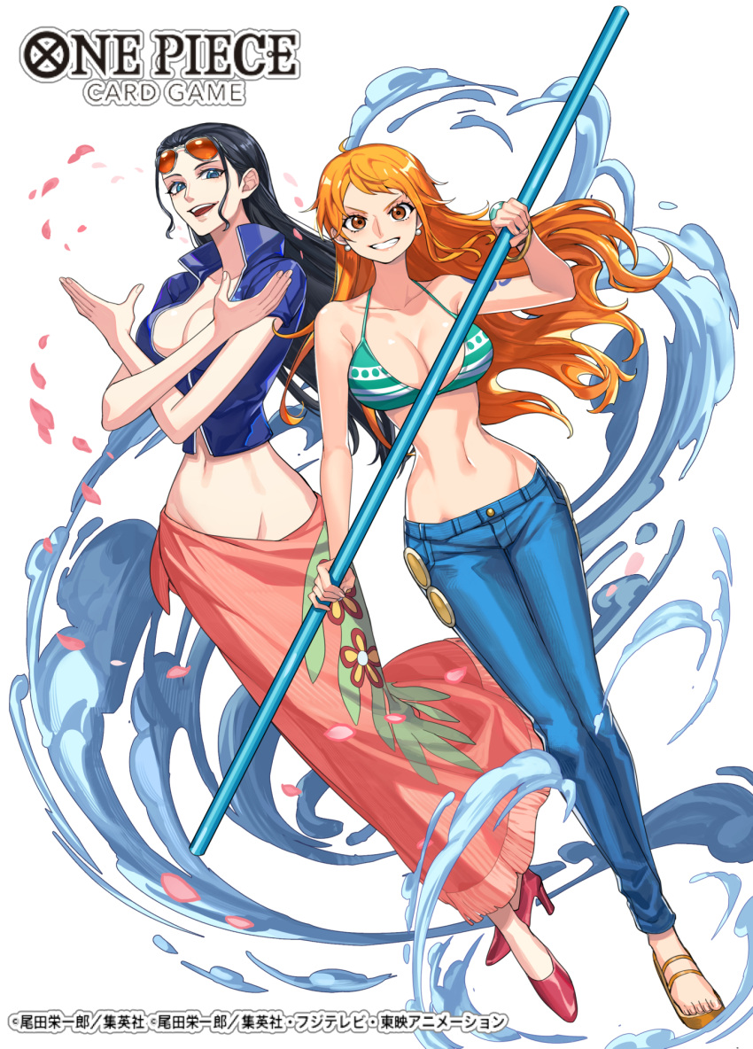2girls bare_shoulders black_hair blue_eyes blue_jacket blue_pants bra bracelet breasts brown_eyes cleavage copyright_name cropped_jacket denim eyewear_on_head falling_petals full_body green_bra high_heels highres holding holding_polearm holding_weapon jacket jeans jewelry large_breasts logo long_hair looking_at_viewer multiple_girls nami_(one_piece) navel nico_robin official_art one_piece open_mouth orange_hair pants petals pink_sarong polearm print_sarong red_footwear sandals sarong short_sleeves shoulder_tattoo simple_background smile sunglasses sunohara_(encount) tattoo teeth underwear upper_teeth_only water watermark weapon white_background