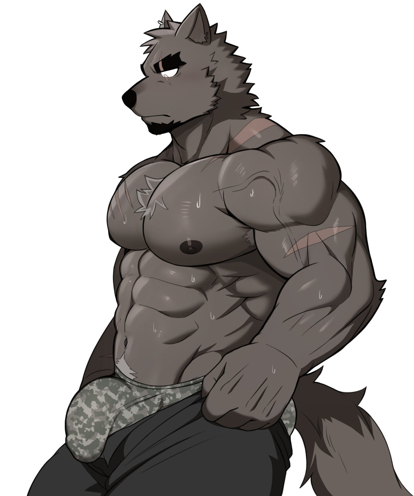 1boy abs absurdres animal_ears ass bara brown_fur bulge bulge_lift camouflage_male_underwear chest_hair chest_tuft covered_penis dog_boy dog_ears dressing eyebrow_cut facial_hair feet_out_of_frame from_side furry furry_male goatee green_male_underwear highres i've_never_seen_a_guy_recreate_this_successfully_tbh_(meme) large_bulge large_pectorals male_focus male_underwear mature_male meme monogg muscular muscular_male navel_hair nipples open_pants original pants pants_lift pectorals print_male_underwear rai_(monogg) scar scar_across_eye scar_on_chest short_hair solo stomach sweat thick_eyebrows topless_male undersized_clothes underwear veins veiny_arms
