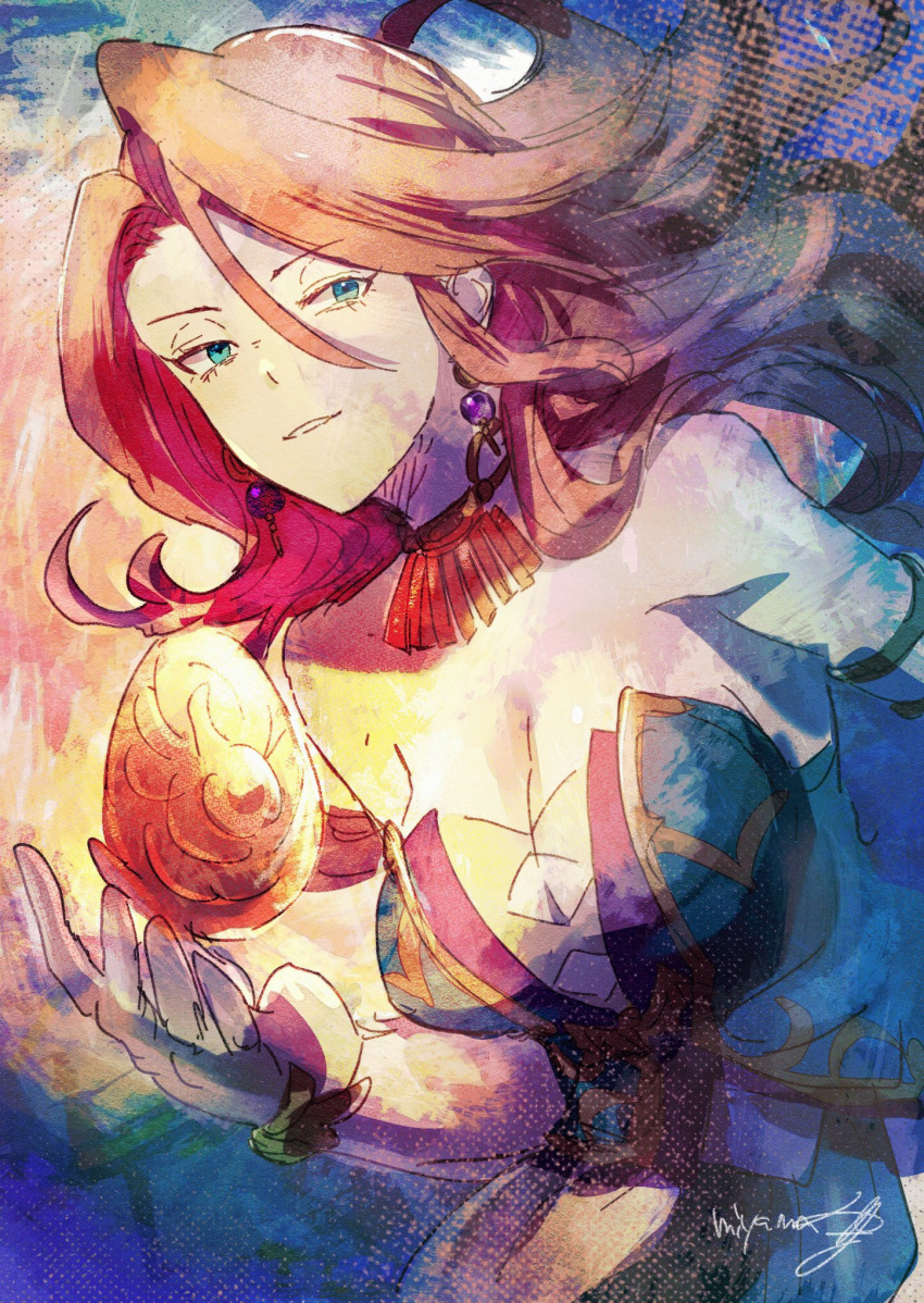 1girl bare_shoulders blue_eyes breasts cleavage detached_collar dress earrings egg elbow_gloves gloves hair_between_eyes highres jewelry large_breasts long_hair looking_at_viewer misty_(saga_frontier) miyama_(lacrima01) red_hair saga saga_frontier_2 smile solo