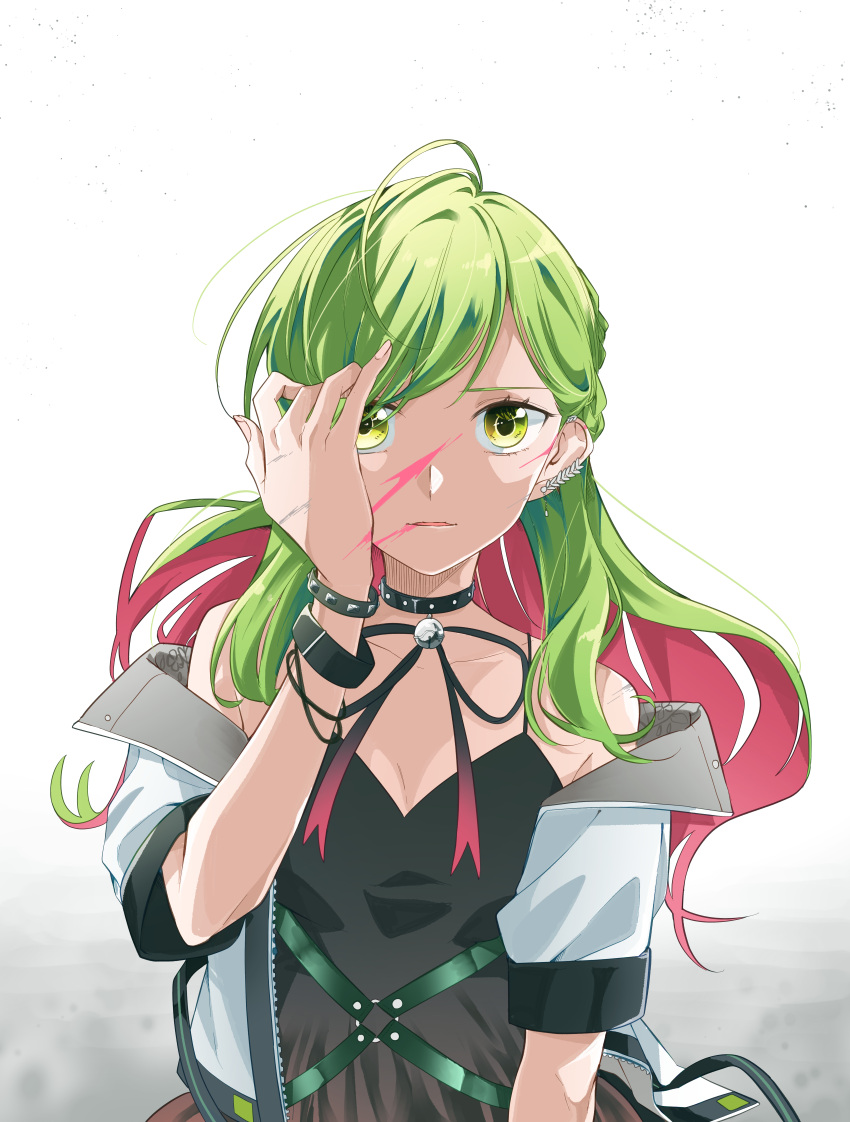 1girl absurdres ahoge bare_shoulders black_bracelet black_choker black_dress bracelet braid breasts choker cleavage collarbone colored_inner_hair commentary_request dress earrings floating_hair green_eyes green_hair grey_background highres jacket jewelry kashikaze light_brown_hair long_hair looking_at_viewer morinaka_kazaki morinaka_kazaki_(adult) multicolored_hair nijisanji off_shoulder open_clothes open_jacket parted_lips pink_hair short_sleeves solo spaghetti_strap studded_bracelet two-tone_hair upper_body virtual_youtuber white_jacket zipper
