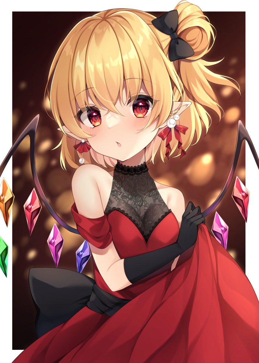 1girl absurdres alternate_costume black_gloves blonde_hair blush crystal dress earrings flandre_scarlet gloves highres jewelry long_hair looking_at_viewer miy@ one_side_up open_mouth pointy_ears red_dress red_eyes solo touhou wings