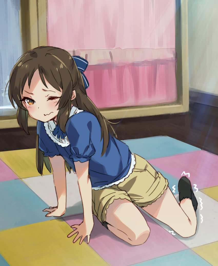 1girl arm_support black_socks blue_bow blue_shirt bow brown_eyes brown_hair brown_shorts commentary_request hair_bow half_updo highres idolmaster idolmaster_cinderella_girls idolmaster_cinderella_girls_u149 kawata_hisashi long_hair one_eye_closed shirt shorts sidelocks socks solo tachibana_arisu