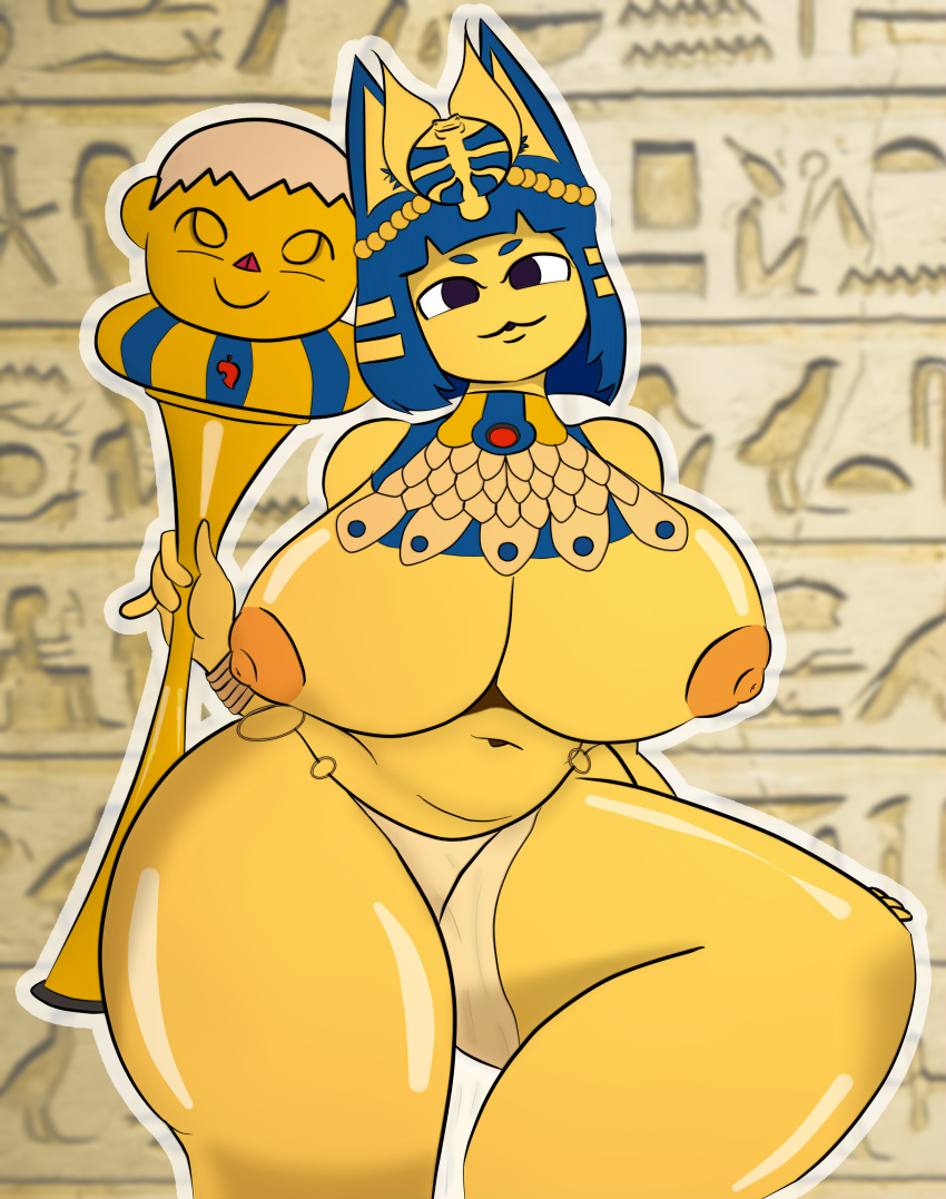 1:1 absurd_res animal_crossing ankha_(animal_crossing) anthro big_breasts big_butt blue_hair breasts butt cat_smile chubby_female clothing cosplay crossover crossover_cosplay egyptian egyptian_clothing erect_nipples felid feline female fur hair half-closed_eyes hi_res huge_breasts mammal menace_(queen's_blade) monotone_background mrschllyay narrowed_eyes nintendo nipples scepter slightly_chubby solo thick_thighs usekh villager_(animal_crossing) wide_hips yellow_body yellow_fur