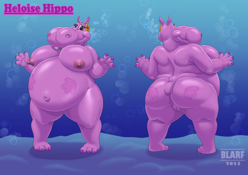 absurd_res accessory anthro belly big_belly big_breasts big_butt black_eyes blarf breasts bubble buckteeth butt butt_slap common_hippopotamus female flower flower_in_hair front_view genitals hair hair_accessory hand_mark heloise hi_res hippopotamid huge_belly humanoid jumpstart_games looking_at_viewer mammal model_sheet navel nipples overweight overweight_female pink_body plant pussy raised_hand rear_view side_boob slap slapping_own_butt slapping_self smile smiling_at_viewer solo tail teeth thick_thighs underwater water wide_hips