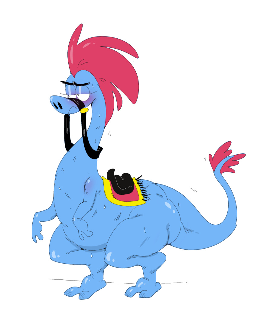 2022 2_toes absurd_res alien black_eyes blue_body blush bodily_fluids digital_drawing_(artwork) digital_media_(artwork) disney eyelashes feet female hair hi_res long_tail mhdrawin red_hair saddle simple_background solo sweat sylvia_(wander_over_yonder) tail tail_tuft thick_thighs toes tuft wander_over_yonder white_background wide_hips zbornak