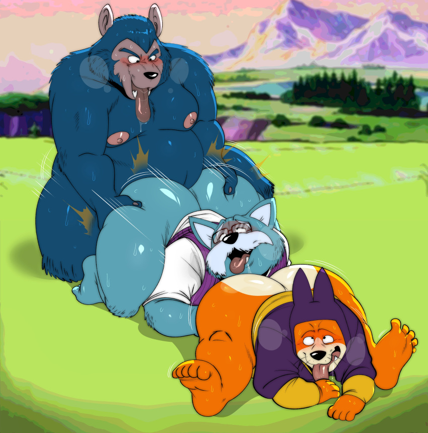 2023 absurd_res anthro belly big_belly big_butt blue_body butt canid canine canis clothing detailed_background dragon_ball eyewear facial_hair glasses group group_sex hi_res humanoid_hands king_furry male male/male mammal man-wolf mature_male moobs mustache nipples orange_body outside overweight overweight_male satsui-n0-had0u sex shirt shu_(dragon_ball) threesome tongue tongue_out topwear wolf