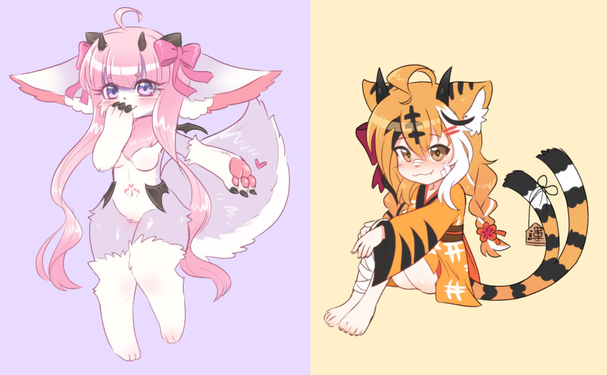 animal_humanoid anthro barefoot clothed clothing dragon duo feet felid felid_humanoid female fur furred_dragon humanoid humanoid_feet kemono kipaki mammal mammal_humanoid pantherine pantherine_humanoid plantigrade ryouhi tiger_humanoid vtuber