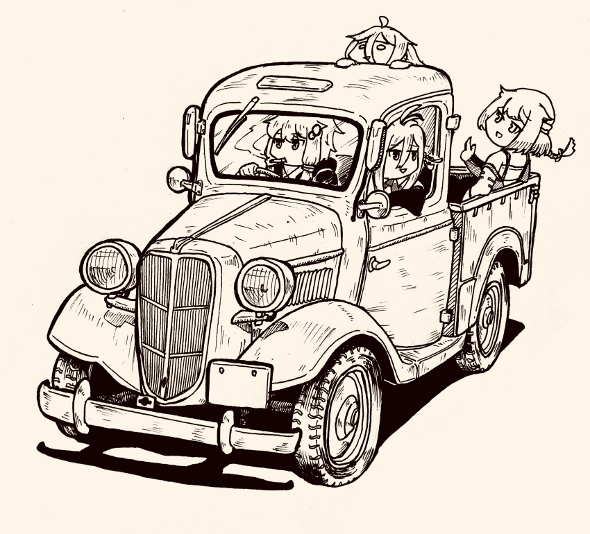 4girls absurdres ahoge antenna_hair braid cevio cigarette commentary_request datsan hair_between_eyes highres ia_(vocaloid) look-alike marker_(medium) monochrome motor_vehicle multiple_girls one_(cevio) pickup_truck single_braid smoking traditional_media truck tsurumaki_maki vocaloid voiceroid yuzuki_yukari