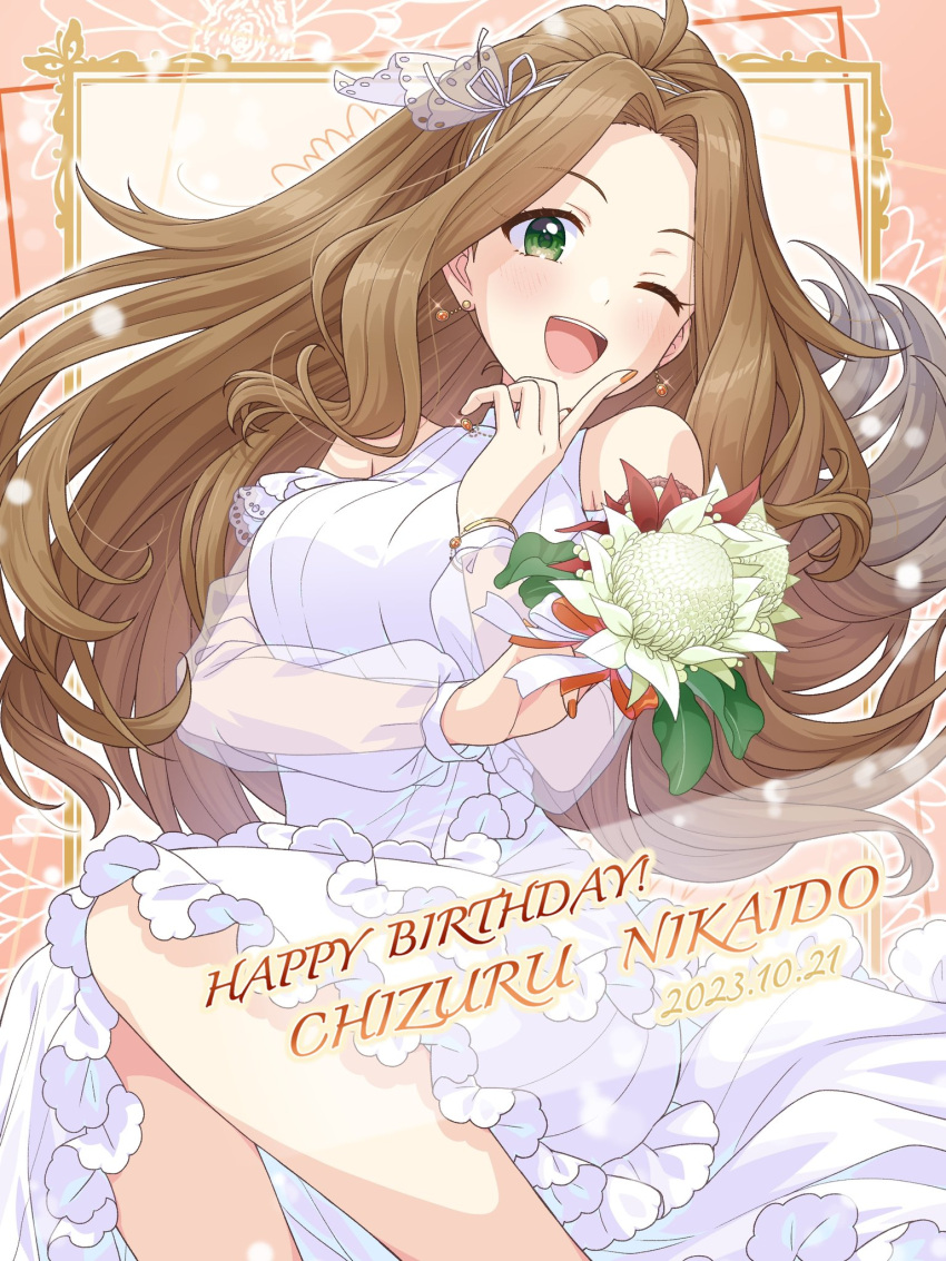1girl ahoge bouquet bracelet breasts brown_hair character_name clothing_cutout commentary dated dress earrings floral_print frilled_dress frills green_eyes hair_ribbon hand_up happy_birthday highres holding holding_bouquet idolmaster idolmaster_million_live! index_finger_raised jewelry long_hair long_sleeves looking_at_viewer medium_breasts nikaidou_chizuru one_eye_closed parted_bangs pink_background ponytail ribbon see-through see-through_sleeves shiro_(ongrokm) shoulder_cutout solo teeth upper_teeth_only white_dress white_ribbon