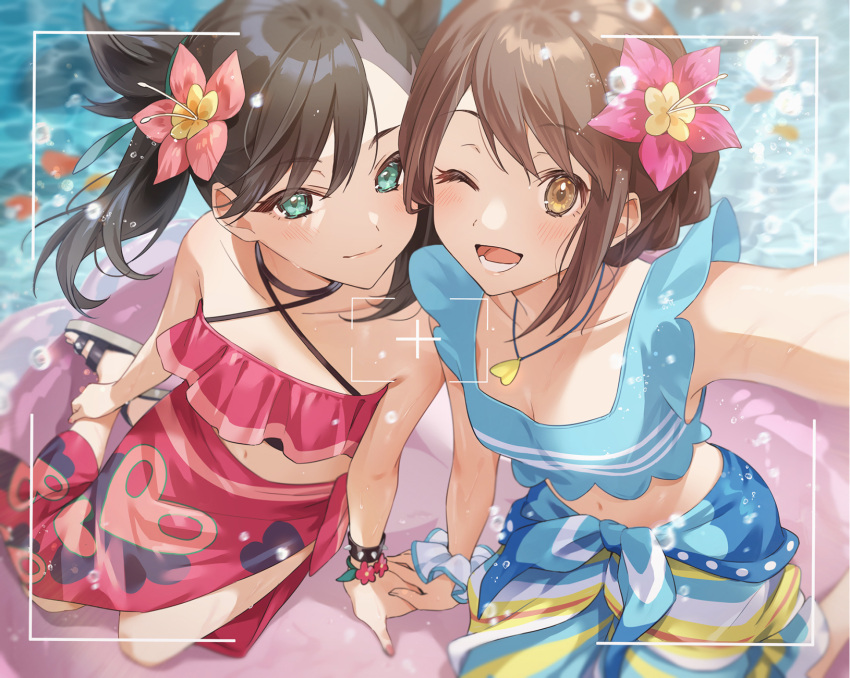 2girls ;d bikini black_hair blue_bikini blush bracelet breasts brown_eyes brown_hair cleavage closed_mouth commentary flower flower_bracelet from_above gloria_(pokemon) gloria_(summer_2021)_(pokemon) green_eyes hair_flower hair_ornament halterneck hand_on_hand hibiscus highres jewelry light_smile looking_at_viewer marnie_(pokemon) marnie_(summer_2021)_(pokemon) multiple_girls necklace official_alternate_costume one_eye_closed open_mouth pokemon pokemon_(game) pokemon_masters_ex red_bikini revision sarong scrunchie seiza selfie short_hair sitting small_breasts smile swimsuit symbol-only_commentary twintails two_side_up viewfinder water water_drop wrist_scrunchie yokozuwari yuri zattape