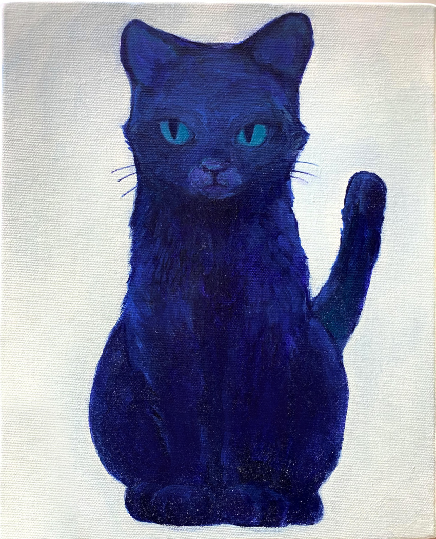 absurdres acrylic_paint_(medium) animal_focus blue_cat blue_cat_(torajiro) blue_fur blue_sclera colored_sclera full_body highres no_humans original painting_(medium) realistic sideways_glance sitting solo tail_raised torajiro_art traditional_media whiskers white_background