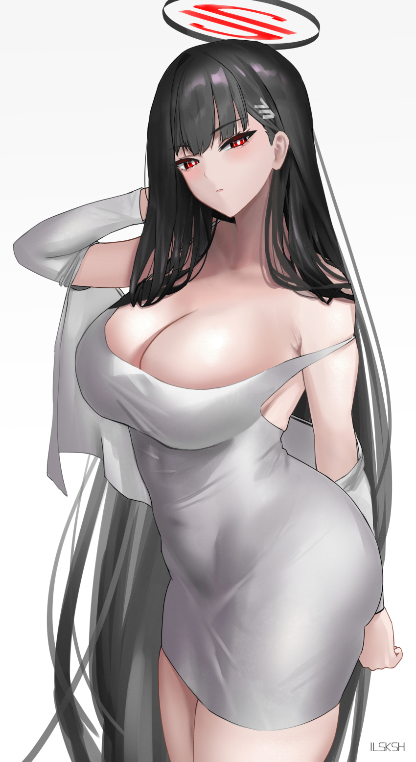 1girl absurdly_long_hair absurdres black_hair blue_archive breasts cleavage closed_mouth dongtan_dress dress expressionless halo highres ilsksh large_breasts long_hair looking_at_viewer meme_attire red_eyes rio_(blue_archive) short_dress simple_background solo strap_slip taut_clothes taut_dress very_long_hair white_background white_dress
