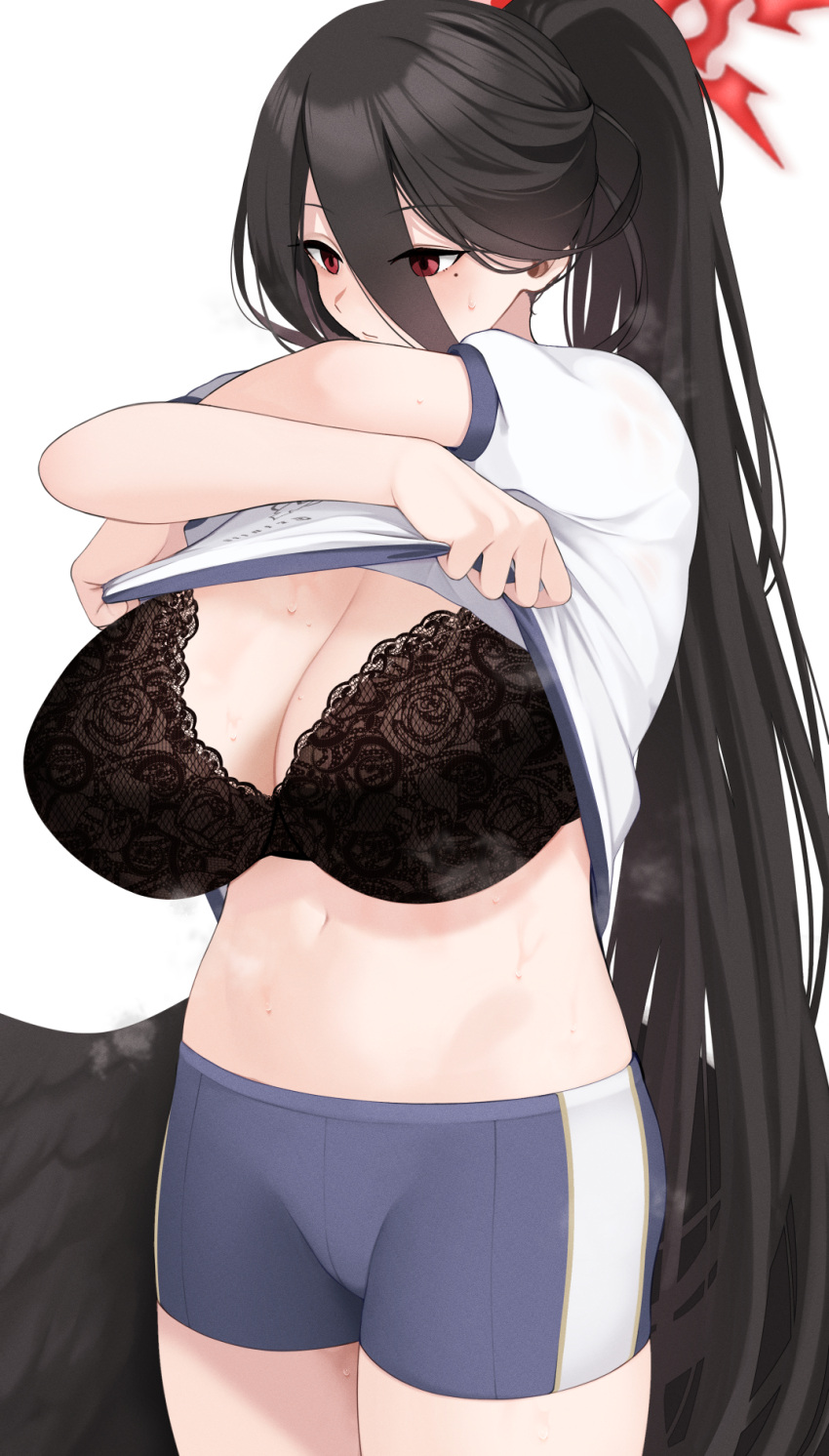 1girl black_bra black_wings blue_archive blue_shorts blush bra breasts cleavage closed_mouth clothes_lift commentary cowboy_shot crossed_arms crotch_seam expressionless eyes_visible_through_hair gym_shorts gym_uniform hair_between_eyes halo hasumi_(blue_archive) hasumi_(track)_(blue_archive) highres lace lace_bra large_breasts lifted_by_self long_hair low_wings mole mole_under_eye momoiro_lettuce navel official_alternate_costume ponytail red_eyes red_halo redrawn shirt shirt_lift short_shorts shorts simple_background solo standing steaming_body stomach sweat t-shirt underwear undressing very_long_hair white_background white_shirt wings