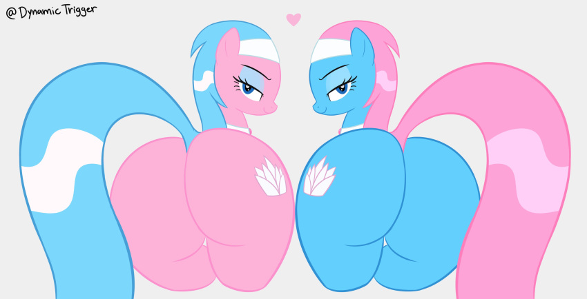 &lt;3 2019 absurd_res accessory aloe_(mlp) blue_body blue_eyes blue_tail butt duo dynamictrigger22 earth_pony equid equine eyebrows eyelashes female feral friendship_is_magic hasbro headband hi_res horse looking_at_viewer lotus_(mlp) mammal my_little_pony pink_body pink_tail pony tail