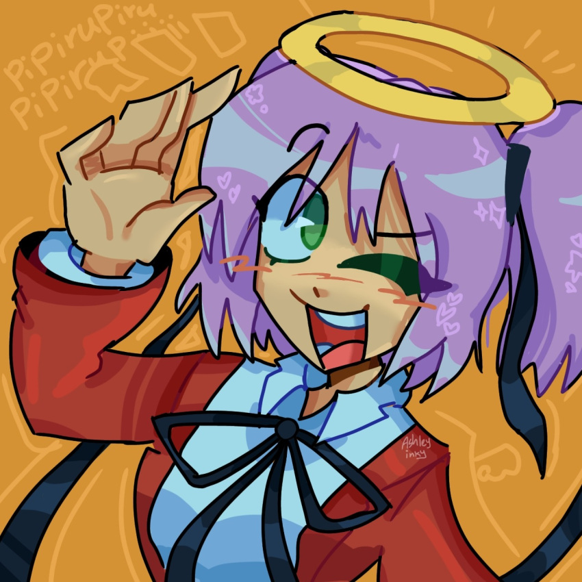 1girl 2023 ;d angel ashleyinky blush bokusatsu_tenshi_dokuro-chan english_text green_eyes halo highres jacket mitsukai_dokuro one_eye_closed open_clothes open_jacket purple_hair red_jacket salute simple_background smile upper_body waving yellow_background