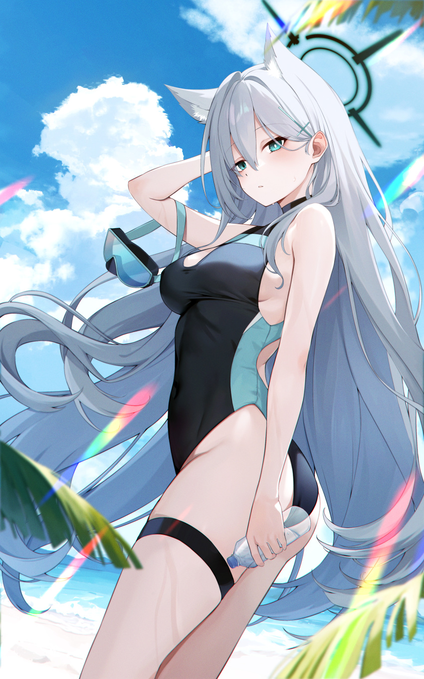1girl absurdres animal_ear_fluff animal_ears aqua_eyes beach black_halo blue_archive blue_eyes blue_sky bottle breasts cloud commentary_request competition_swimsuit cross_hair_ornament day goggles goggles_around_arm grey_hair hair_between_eyes hair_ornament halo highres holding holding_bottle long_hair looking_at_viewer medium_breasts ocean one-piece_swimsuit outdoors plastic_bottle sagiri_(ulpha220) shiroko_(blue_archive) shiroko_(swimsuit)_(blue_archive) shiroko_(terror)_(blue_archive) sky solo swimsuit thigh_strap water_bottle