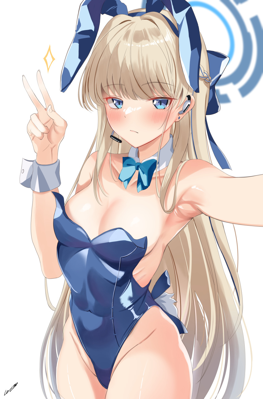 1girl absurdres animal_ears arm_up armpits bare_shoulders blue_archive blue_bow blue_eyes blue_leotard blush bow braid breasts cleavage collarbone commentary detached_collar earrings fake_animal_ears fake_tail groin hairband halo hand_up headset highleg highleg_leotard highres jewelry leotard light_brown_hair lolipop_(nmaf4445) long_hair looking_at_viewer medium_breasts multicolored_hair official_alternate_costume playboy_bunny rabbit_ears rabbit_tail selfie sidelocks simple_background single_braid sleeveless solo strapless strapless_leotard streaked_hair tail toki_(blue_archive) toki_(bunny)_(blue_archive) two-tone_hair v white_background wrist_cuffs