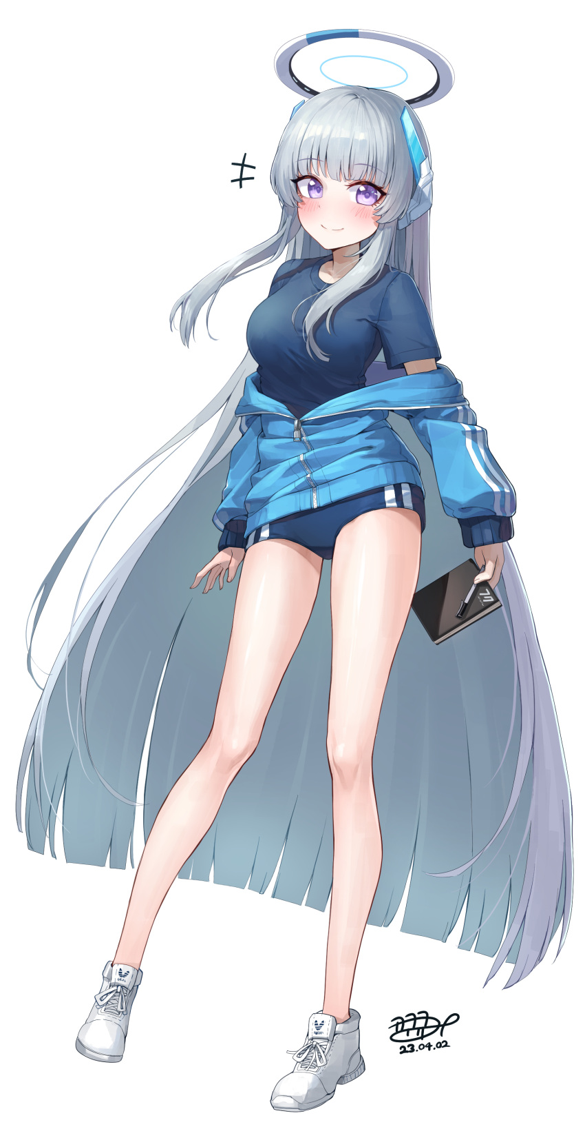 1girl absurdres blue_archive blue_buruma blue_jacket blue_shirt buruma full_body grey_hair halo highres holding holding_notebook jacket kokukyukeo long_hair long_sleeves looking_at_viewer mechanical_halo noa_(blue_archive) notebook off_shoulder purple_eyes shirt shoes sidelocks smile sneakers solo track_jacket very_long_hair white_background white_footwear