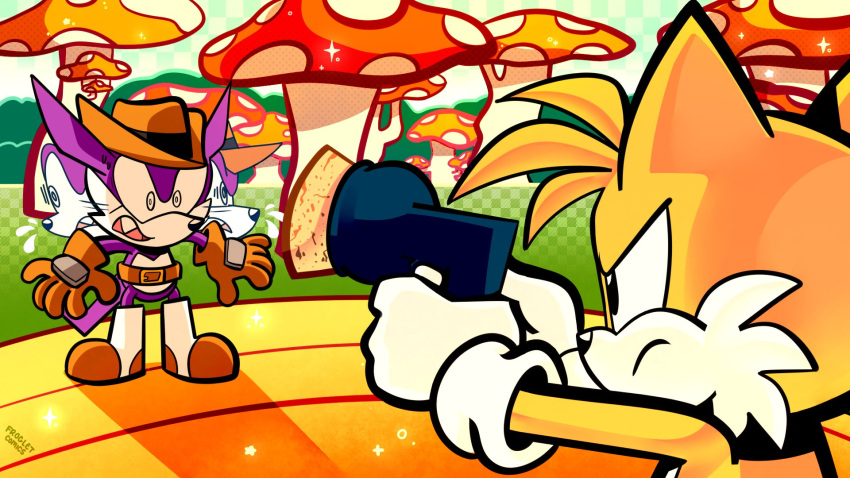 2boys belt brown_footwear brown_gloves brown_headwear fang fang_the_sniper giant_mushroom gloves hat highres motion_lines multiple_boys orange_fur pointing_gun purple_fur scared sonic_(series) sonic_the_fighters tails_(sonic) toby_s. white_fur white_gloves