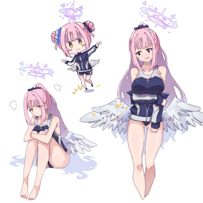 1girl arms_on_knees ass_visible_through_thighs bare_shoulders barefoot blue_archive blue_one-piece_swimsuit blush blush_stickers breasts bright_pupils chinese_commentary commentary_request double_bun double_w facing_viewer feathered_wings flower full_body hair_bun hair_flower hair_ornament hair_scrunchie halo hand_on_own_elbow highres knees_up kotone-kirigaya large_breasts legs long_hair long_sleeves looking_at_viewer looking_down low_wings mika_(blue_archive) multiple_views nail_polish one-piece_swimsuit open_mouth pink_hair pink_halo ponytail pout scrunchie sidelocks simple_background sitting standing sweat swimsuit thighs toenail_polish toenails toes w white_background white_pupils white_wings wing_ornament wings yellow_eyes