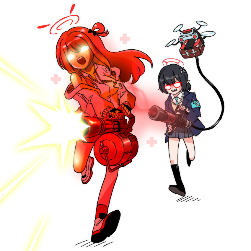 2girls ayane_(blue_archive) blue_archive commentary_request drone firing gatling_gun glasses halo heavy_(tf2) highres id_card korean_commentary lanyard m134_minigun medi_gun medic_(tf2) multiple_girls nonomi_(blue_archive) open_mouth parody school_uniform skirt syk team_fortress_(series) team_fortress_2