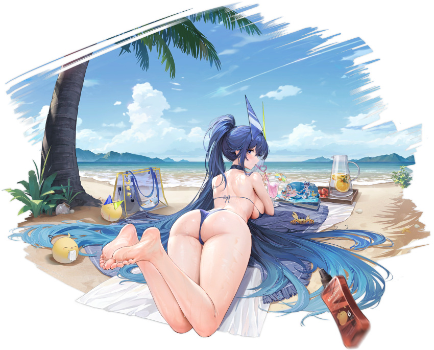 1girl alternate_costume arched_back artist_request ass azur_lane baltimore_(azur_lane) bare_shoulders barefoot beach bikini bird blue_bikini blue_hair bottle breasts cheshire_(azur_lane) cheshire_(summery_date!)_(azur_lane) chick choker crab crazy_straw cup day drinking_straw feet feet_up food from_behind fruit heart_straw high_ponytail highres horizon large_breasts legs long_hair looking_back lying manjuu_(azur_lane) motion_blur new_jersey_(azur_lane) new_jersey_(midsummer_leisure)_(azur_lane) non-web_source ocean official_art on_stomach outdoors palm_tree picture_book pop-up_book shoulder_blades soles strawberry string_bikini swimsuit tablet_pc thighs toes tote_bag tree underboob very_long_hair water wet yostar zzz