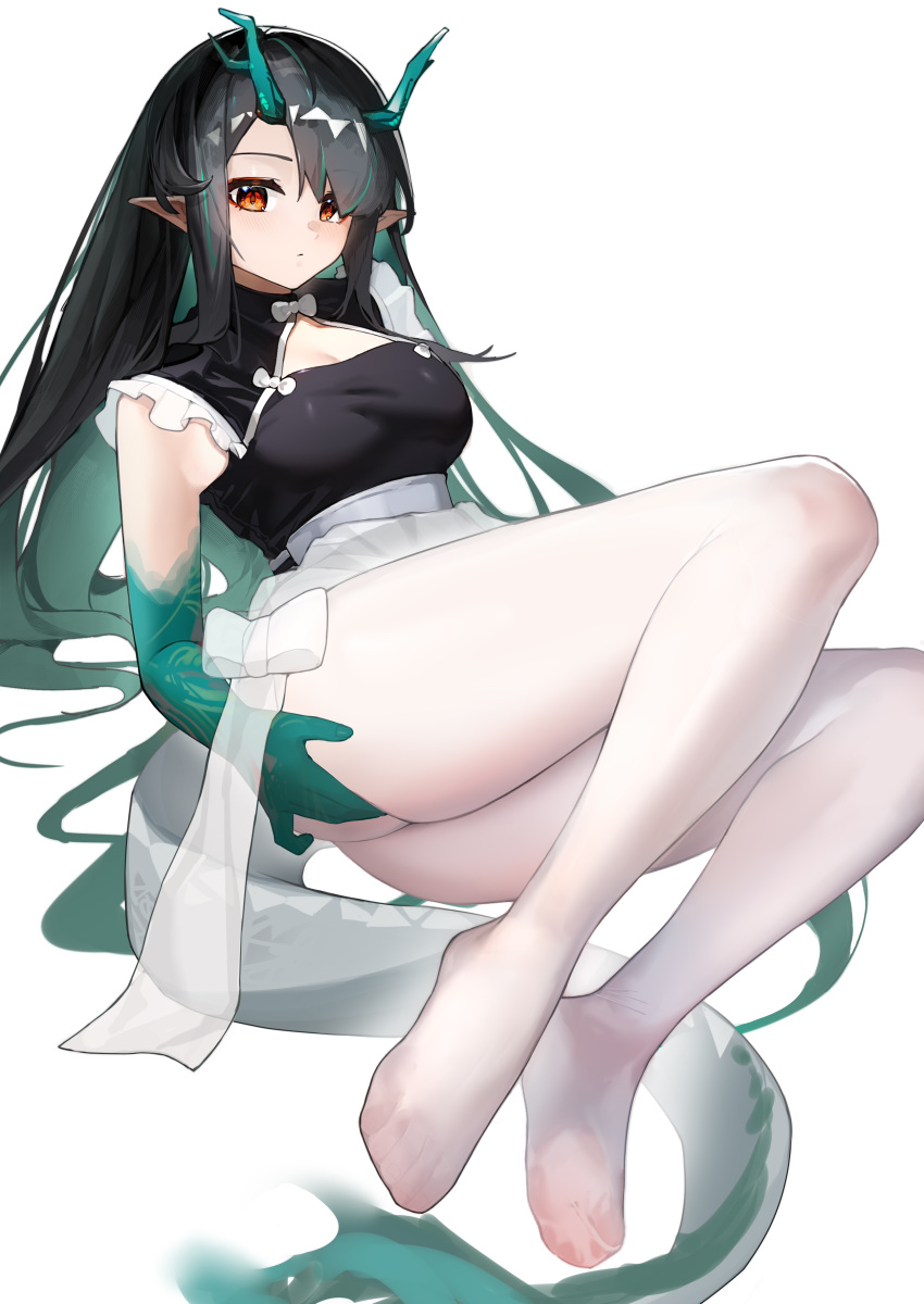 1girl absurdres alternate_costume arknights black_hair breasts cleavage closed_mouth colored_inner_hair colored_skin commentary_request cool_est dragon_girl dragon_horns dragon_tail dusk_(arknights) gradient_skin green_hair green_horns green_skin hand_on_own_ass highres horns long_hair looking_at_viewer multicolored_hair no_shoes pantyhose pointy_ears red_eyes red_shirt shirt simple_background sleeveless sleeveless_shirt solo tail toes white_background white_pantyhose