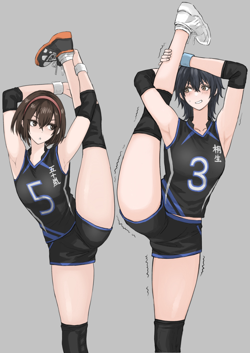 2girls :c absurdres armpits arms_up black_eyes black_footwear black_hair black_shirt black_shorts breasts brown_eyes brown_hair collarbone crossed_bangs elbow_sleeve feet_out_of_frame fuku_(fuku12290574) hair_between_eyes hairband highres jersey large_breasts leg_up looking_at_another medium_hair multiple_girls open_mouth original raised_eyebrows red_hairband shirt shoes short_hair shorts side-by-side sidelocks sleeveless sleeveless_shirt sneakers split sportswear standing standing_on_one_leg standing_split stretching sweatdrop teeth thick_thighs thighs trembling volleyball_uniform white_footwear wristband