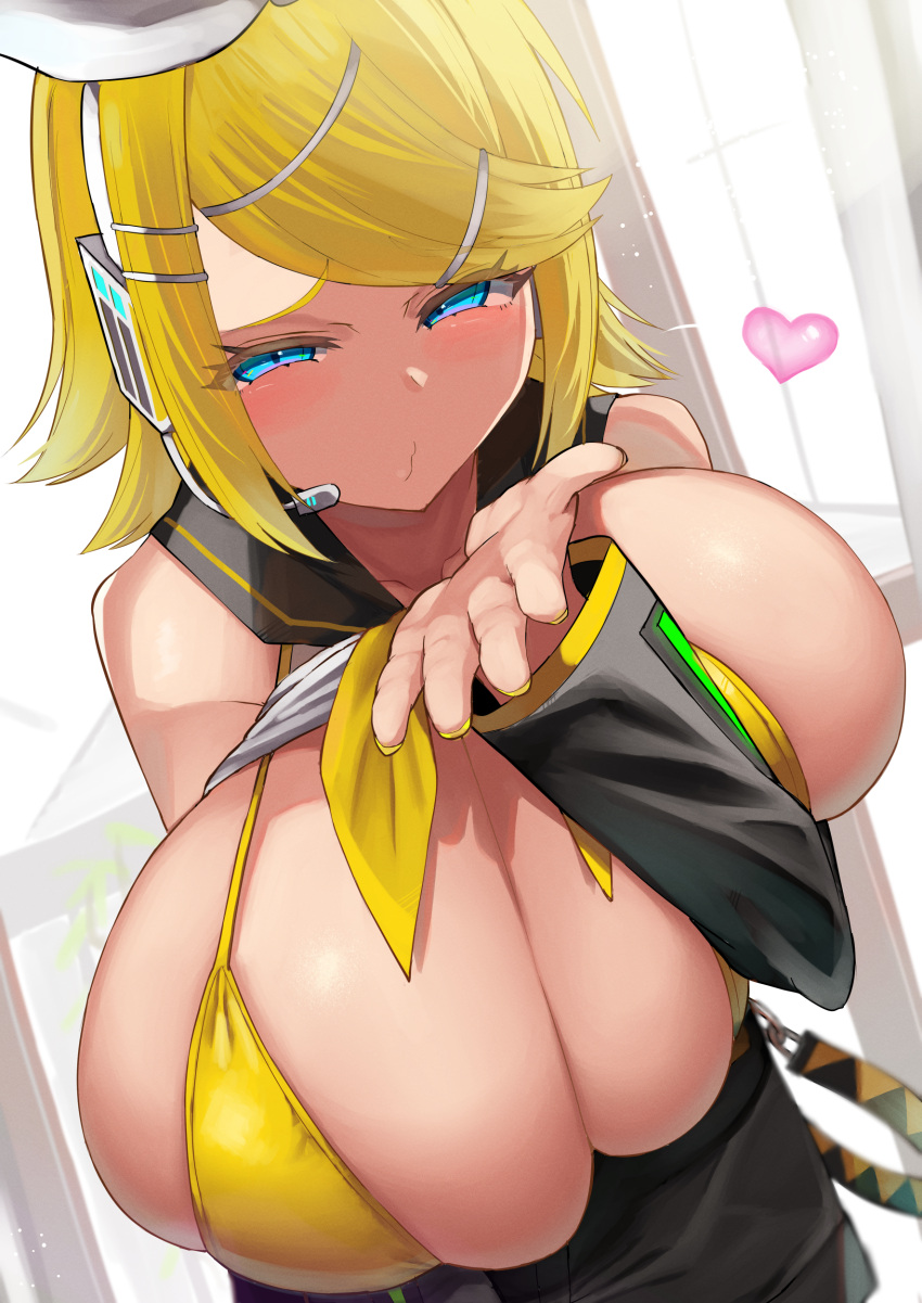 1girl absurdres alternate_breast_size bare_shoulders bikini bikini_top_only black_shorts blonde_hair blowing_kiss blue_eyes blush bow breast_lift breasts cleavage clothes_lift deep_skin detached_sleeves facominn hair_bow headset heart highres huge_breasts kagamine_rin leaning_forward looking_at_viewer medium_hair micro_bikini microphone puckered_lips shirt_lift shorts skindentation solo swept_bangs swimsuit vocaloid yellow_bikini yellow_nails