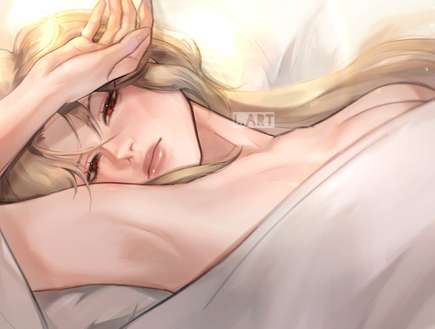 1girl arm_on_head armpits artist_name bed bed_sheet blanket closed_mouth collarbone commentary fingernails genshin_impact highres lart_art1 light_brown_hair long_hair looking_at_viewer lying naked_sheet ningguang_(genshin_impact) on_back on_bed pillow red_eyes solo under_covers