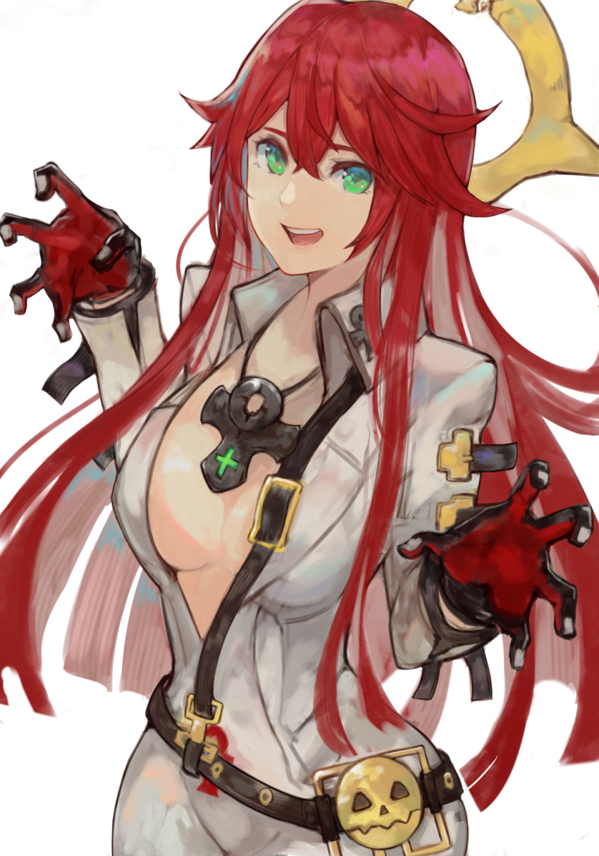 1girl ankh ankh_necklace belt black_gloves bodysuit breasts claw_pose cleavage gloves green_eyes guilty_gear guilty_gear_strive highres jack-o'_valentine levvellevvel long_hair looking_at_viewer medium_breasts multicolored_hair open_mouth red_hair simple_background smile solo too_many_belts two-tone_hair white_background white_bodysuit white_hair