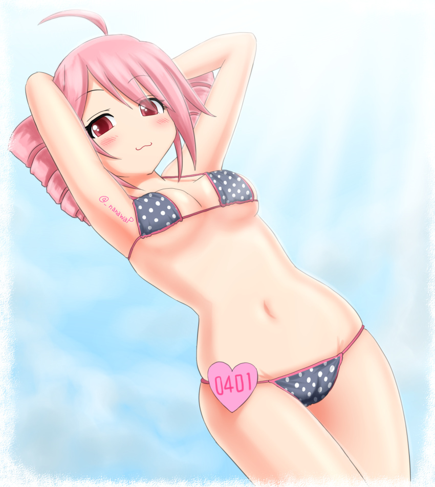 1girl ahoge arms_behind_head badge bikini breasts cameltoe cleavage drill_hair grey_bikini highres kasane_teto kazu-chan medium_breasts pink_hair polka_dot polka_dot_bikini red_eyes solo standing swimsuit twin_drills utau