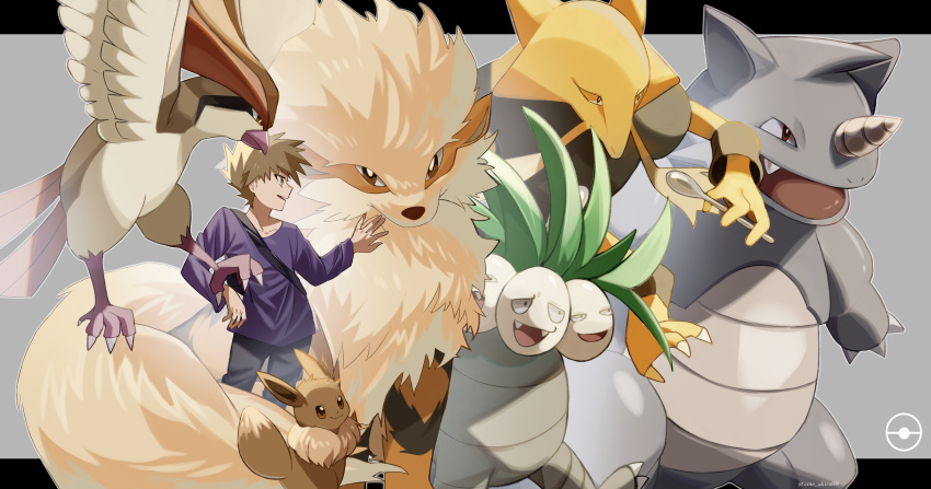 1boy absurdres alakazam ame_akira arcanine backpack bag bird blue_oak brown_eyes brown_hair collarbone commentary_request eevee exeggutor grey_background highres long_sleeves male_focus open_mouth pants pidgeot poke_ball_symbol pokemon pokemon_(creature) pokemon_(game) pokemon_rgby purple_shirt rhydon shirt short_hair smile spiked_hair standing