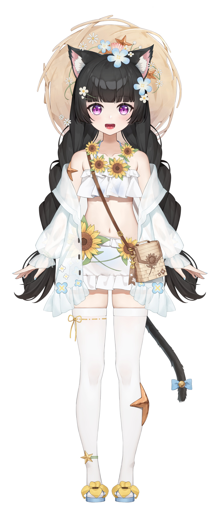 1girl :d absurdres animal_ear_fluff animal_ears animal_on_leg anklet bag bare_shoulders bell bikini black_hair black_tail blue_bikini blue_bow blue_flower blue_footwear blue_nails blunt_bangs blush bow braid brown_bag brown_headwear cat_ears cat_girl cat_tail collarbone flower flower_necklace footwear_flower frilled_jacket frilled_tube_top frills full_body hair_flower hair_ornament hat highres jacket jewelry long_hair long_sleeves looking_at_viewer low_twin_braids microskirt navel o-ring o-ring_bikini off_shoulder official_art puffy_long_sleeves puffy_sleeves purple_eyes ribbon ribbon-trimmed_legwear ribbon_trim rin_(stardust_project) see-through see-through_jacket see-through_shirt see-through_skirt shell_hat_ornament shoulder_bag skindentation skirt smile solo spaghetti_strap standing star_(symbol) star_in_eye stardust_project starfish starfish_hair_ornament stomach strapless straw_hat sunflower swimsuit symbol_in_eye tachi-e tail tail_bell tail_bow tail_ornament teeth thighhighs toeless_footwear tongue transparent_background tube_top twin_braids very_long_hair virtual_youtuber white_flower white_jacket white_skirt white_thighhighs white_tube_top yellow_flower yellow_ribbon zettai_ryouiki