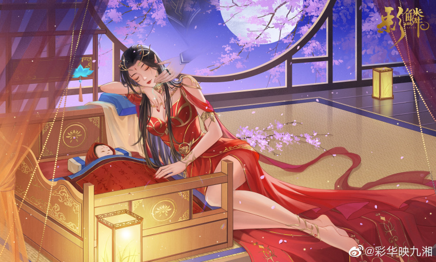 1boy 1girl 1other absurdres anklet baby barefoot blanket branch cai_lin_(doupo_cangqiong) carpet closed_eyes closed_mouth doupo_cangqiong dress earrings facial_mark falling_petals forehead_mark full_body ghost hand_on_another's_face highres jewelry lantern lu_c moon night petals pointy_ears red_dress ring second-party_source sleeping solo