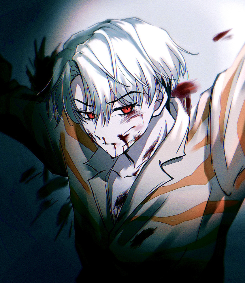 1boy black_hair blood blood_on_clothes blood_on_face blood_splatter brown_jacket charisma_house closed_mouth eyewear_removed highres jacket kusanagi_rikai long_sleeves looking_at_viewer male_focus multicolored_clothes multicolored_hair multicolored_jacket nosebleed orange_jacket red_eyes short_hair solo ukisi white_hair