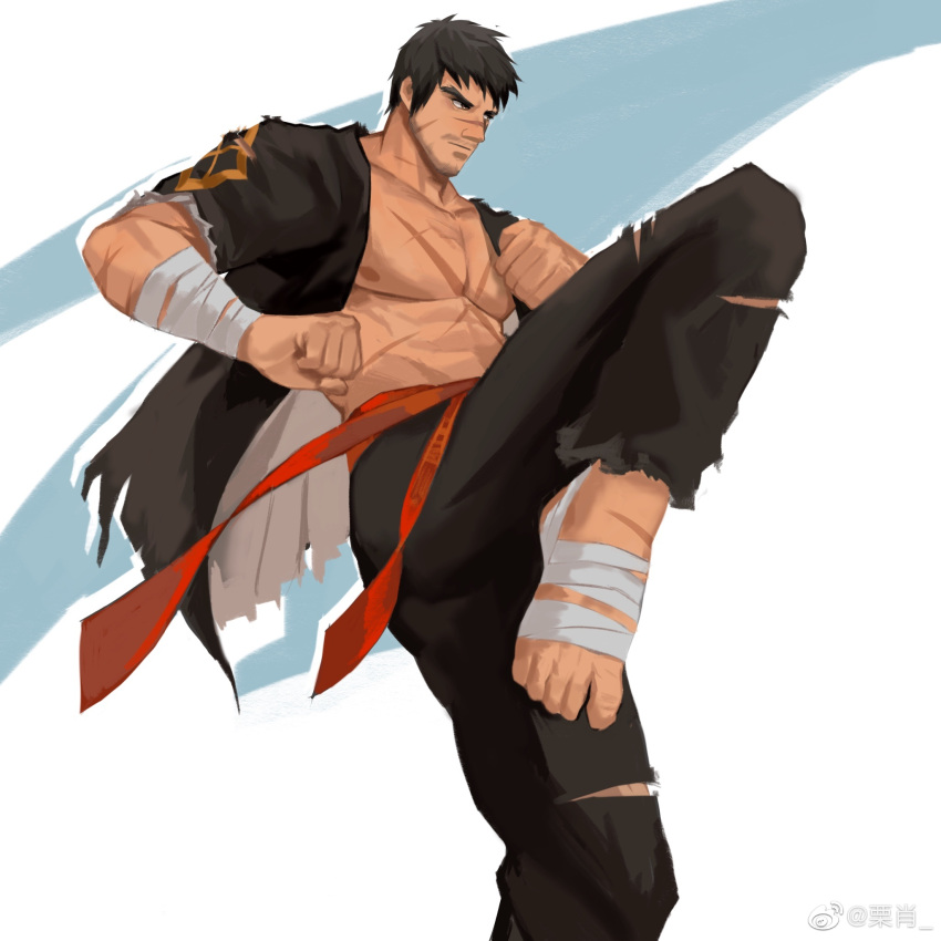 1boy abs bandaged_foot bandages bara bare_pectorals beard_stubble dnf_duel dougi dungeon_and_fighter fighter_(dungeon_and_fighter) grappler_(dungeon_and_fighter) highres knee_up large_pectorals lixiao6342 looking_ahead male_focus mature_male muscular muscular_male mustache_stubble nipples pectorals short_hair solo standing standing_on_one_leg stomach thick_eyebrows