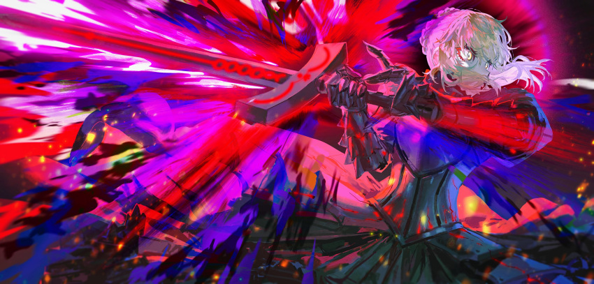 1girl armor armored_dress artoria_pendragon_(fate) attack black_armor black_dress blonde_hair braid corruption dark_knight dark_persona dress excalibur_morgan_(fate) fate_(series) french_braid gauntlets highres holding holding_sword holding_weapon looking_to_the_side pale_skin quasarcake saber_alter solo sword weapon yellow_eyes