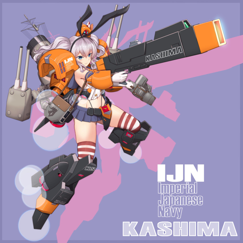 1girl asshimar asshimar_(cosplay) black_hairband black_neckerchief black_panties blue_eyes blue_sailor_collar blue_skirt cannon character_name commentary_request cosplay crop_top full_body gloves grey_hair gun gundam hairband highleg highleg_panties highres kantai_collection kashima_(kancolle) looking_at_viewer machinery mecha_musume microskirt miniskirt moke_ro neckerchief panties pleated_skirt purple_background sailor_collar shimakaze_(kancolle) shimakaze_(kancolle)_(cosplay) shirt sidelocks skirt sleeveless sleeveless_shirt smokestack solo striped striped_thighhighs thighhighs turret twintails underwear wavy_hair weapon white_gloves zeta_gundam