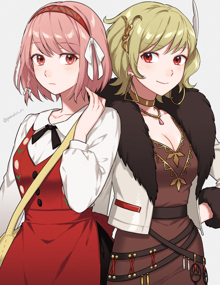 2girls blonde_hair braid breasts citrinne_(fire_emblem) cleavage commentary fire_emblem fire_emblem_engage hair_ornament hair_ribbon hairband highres jewelry lapis_(fire_emblem) looking_at_viewer medium_breasts multiple_girls official_alternate_costume peach11_01 pink_eyes pink_hair red_eyes red_hairband ribbon short_hair side_braid smile swept_bangs two-tone_hairband white_ribbon